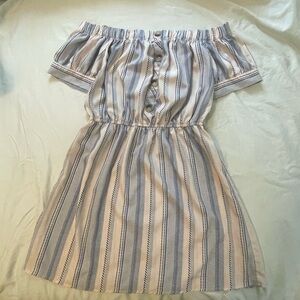 Striped Off-Shoulder Button Front Dress - Blue & White